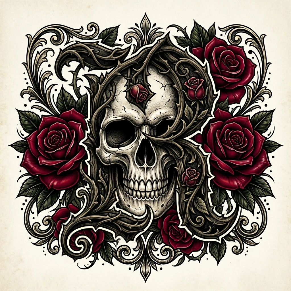 Tatouage gothique de crâne en blackletter avec roses rouges
