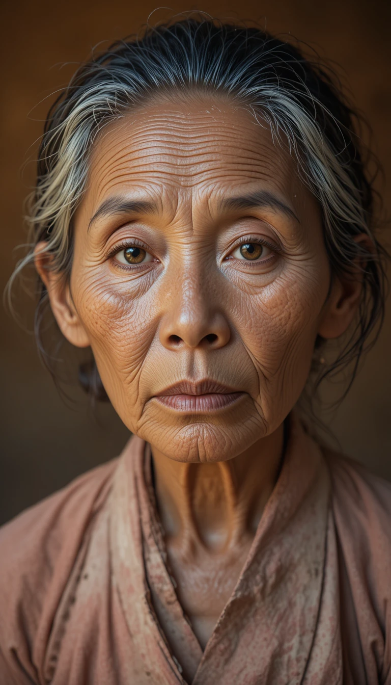Elderly Asian woman portrait in warm golden background