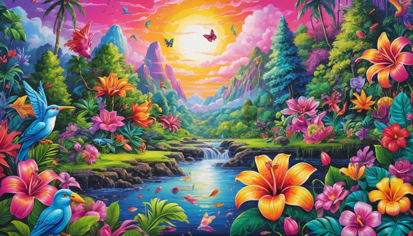 Close up neon sketch of flowers in tropical forest