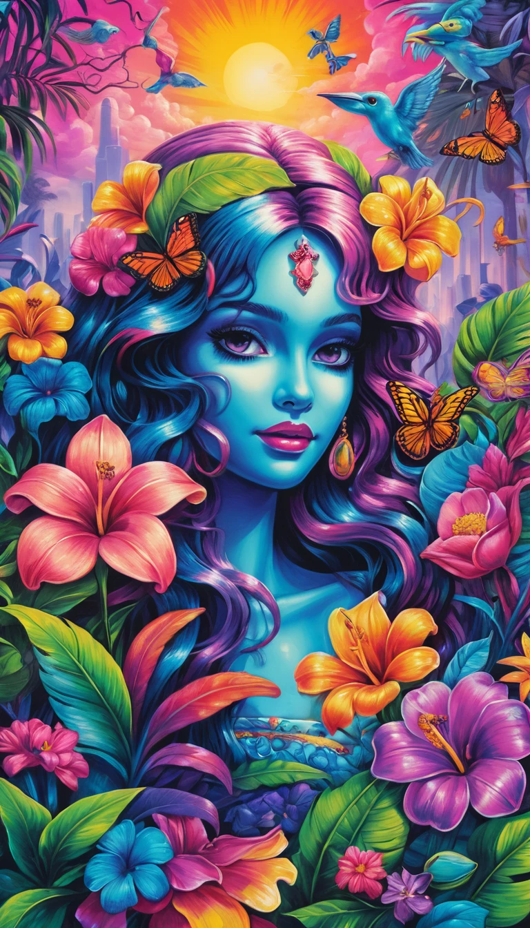 Close up neon illustration of flowers in tropical forest