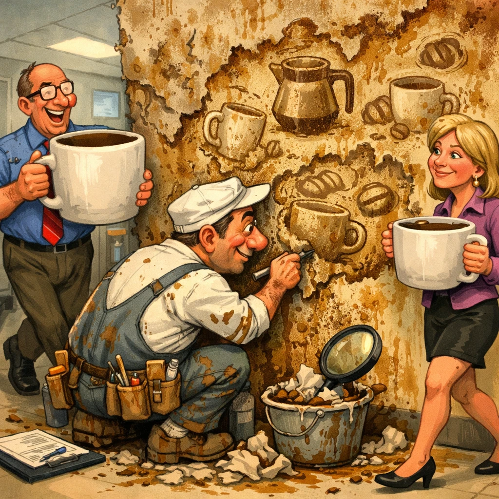 Büroangestellter kratzt Kaffeeflecken von der Pausenraumwand