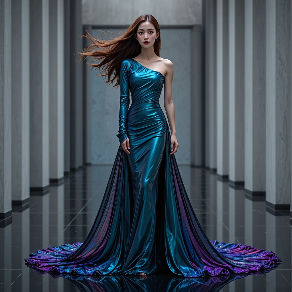 Korean woman in asymmetrical dichroic silk couture gown