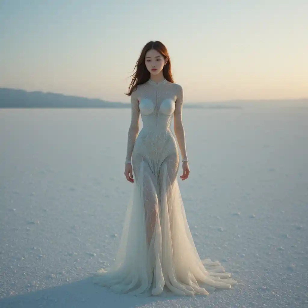 유리 드레스를 입은 우울한 한국 여성과 거울처럼 비치는 해변