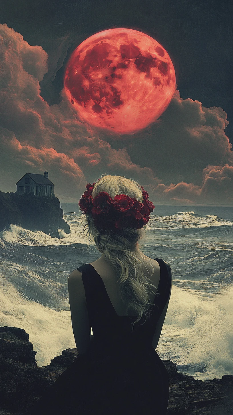 Woman on the shore under a blood red moon