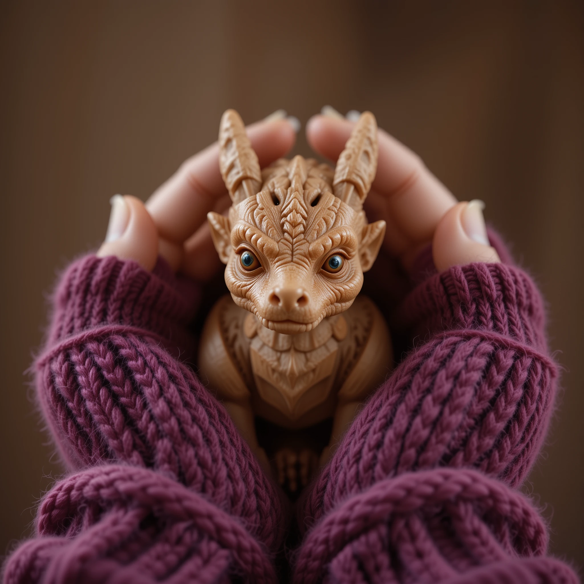 Figurine de dragon en bois bercée dans des mains tricotées magenta