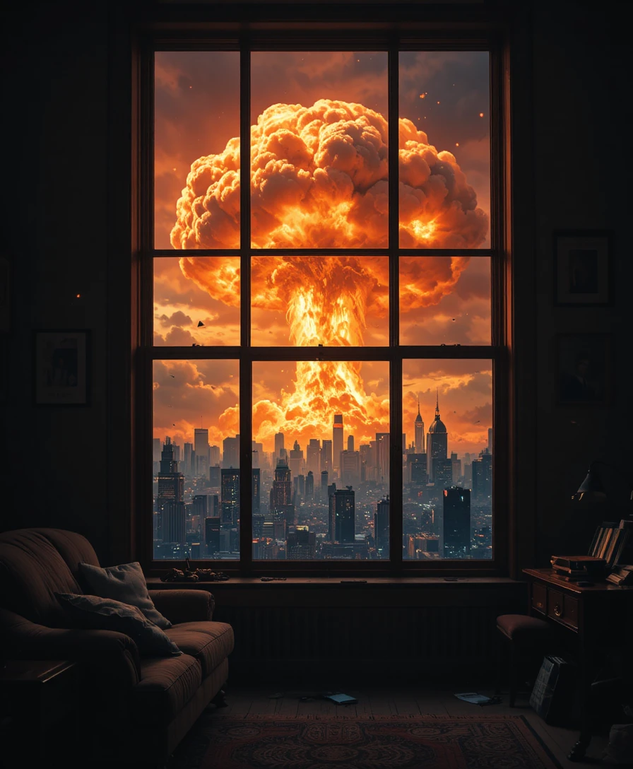 Nuage en forme de champignon apocalyptique au-dessus de la ville vu à travers une fenêtre sombre