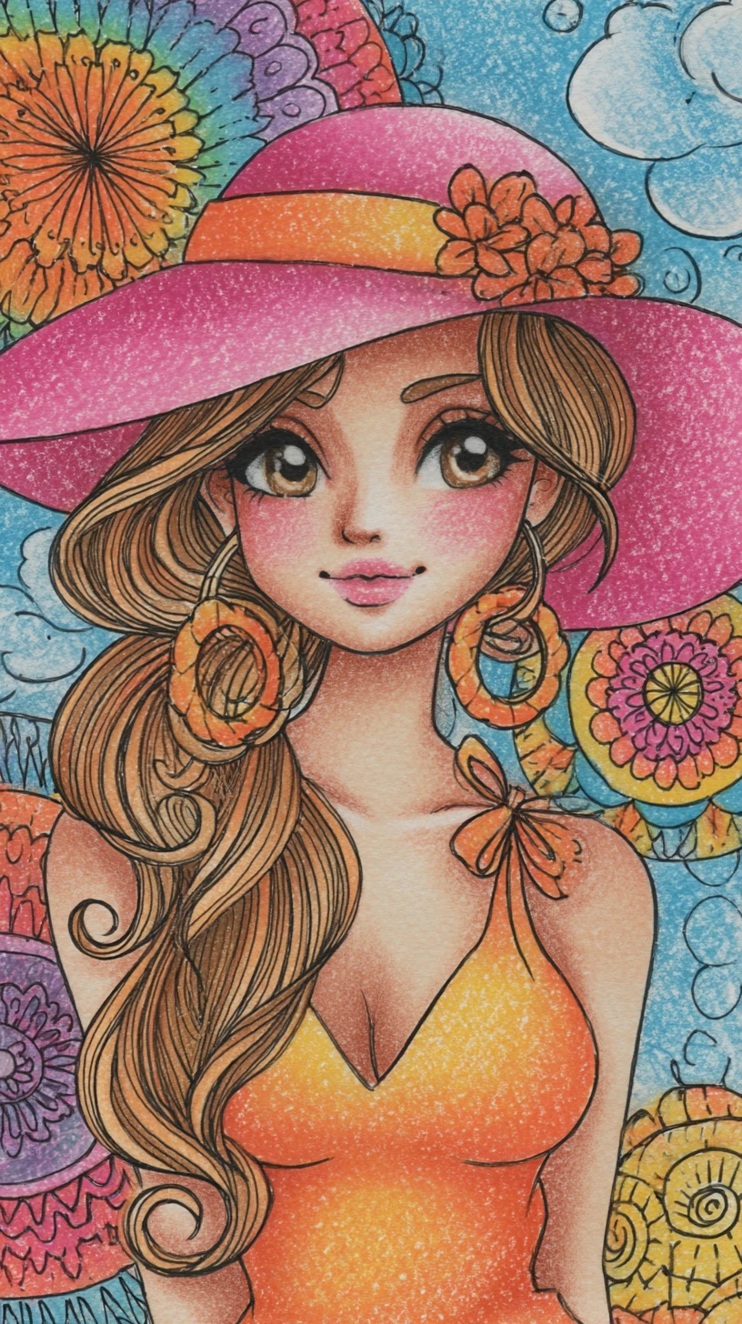 Principessa sorridente con cappello in un sogno di mandala colorati