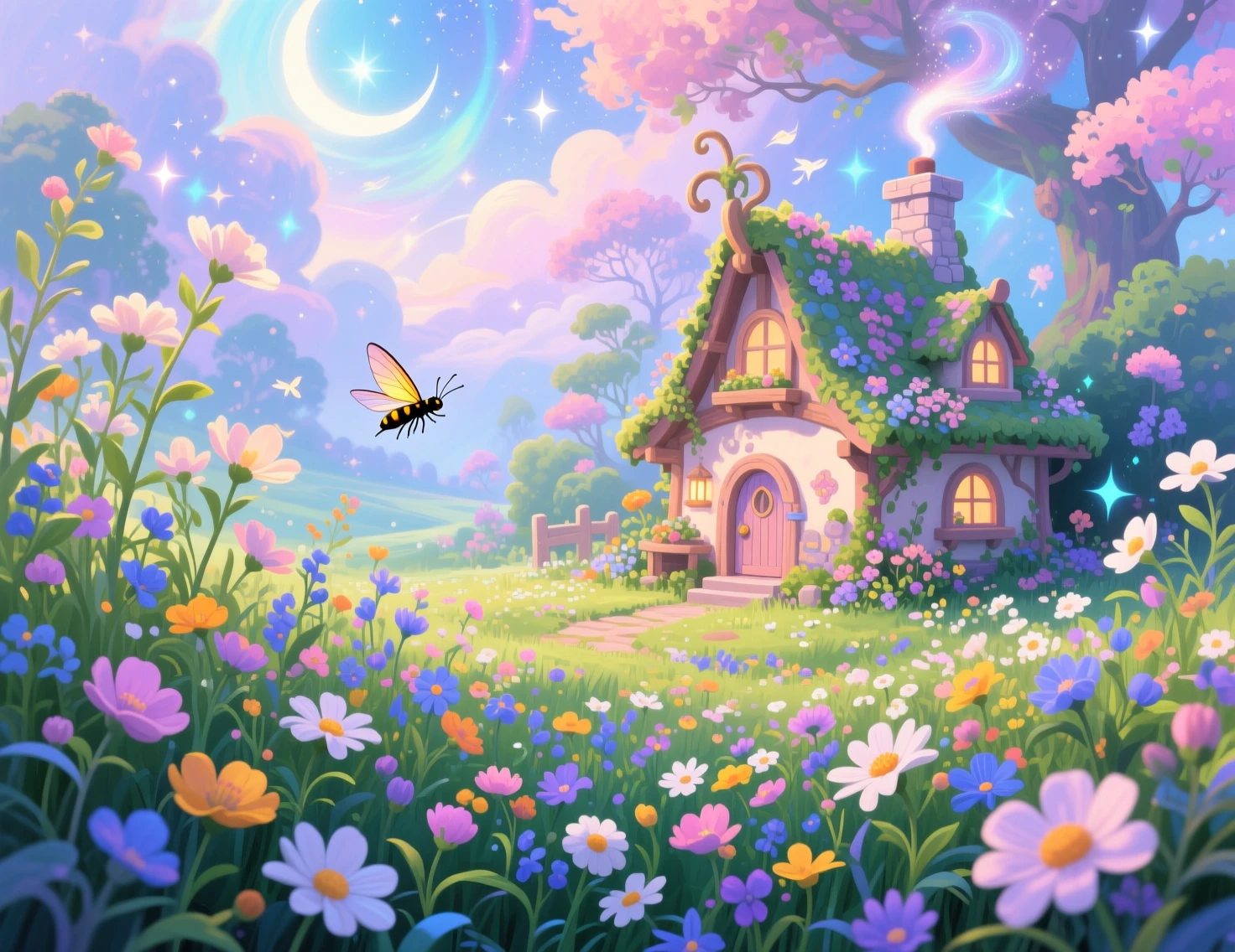夢幻粉彩場景中的壓克力野花與迷你小屋