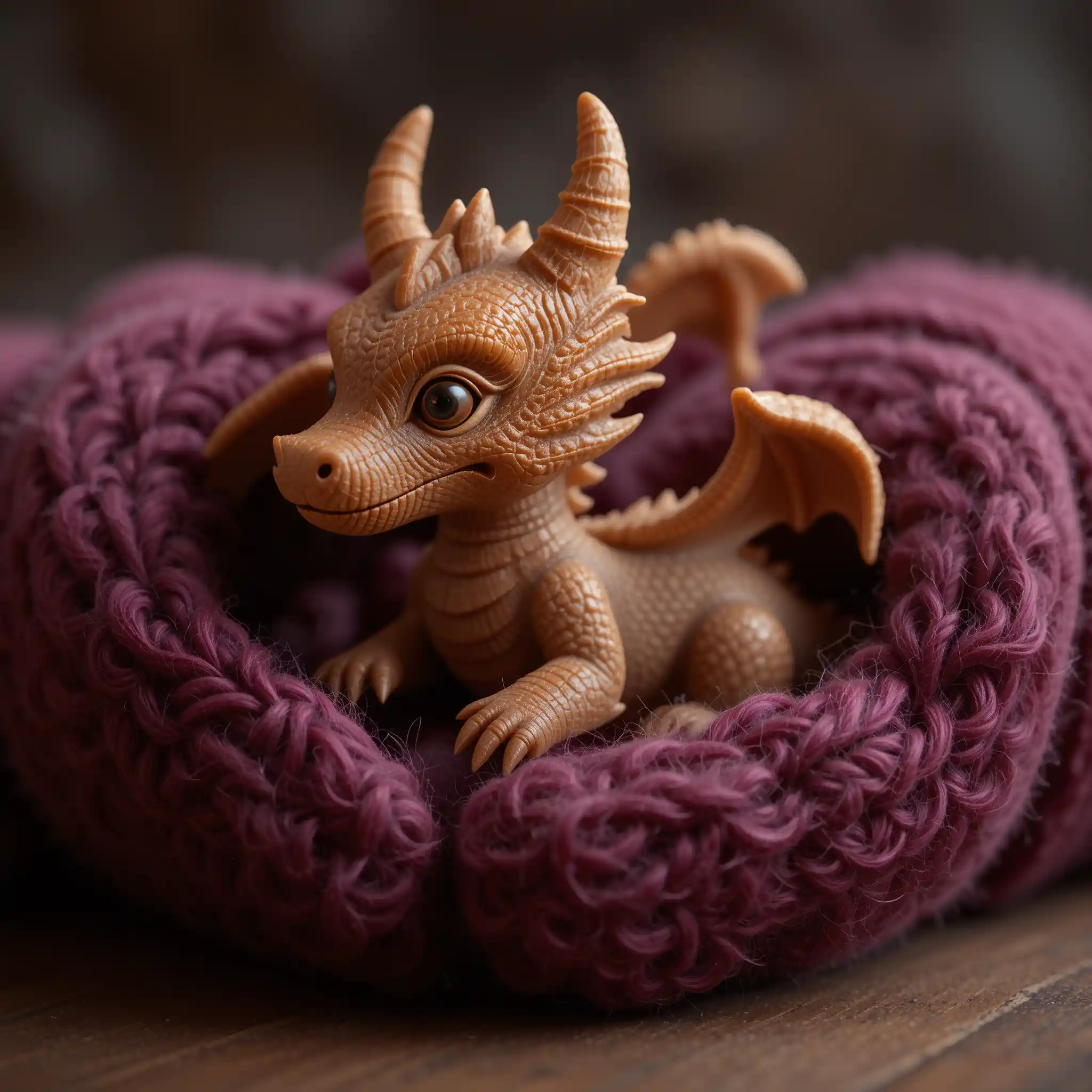 Wooden dragon figurine cradled in magenta knitted hands
