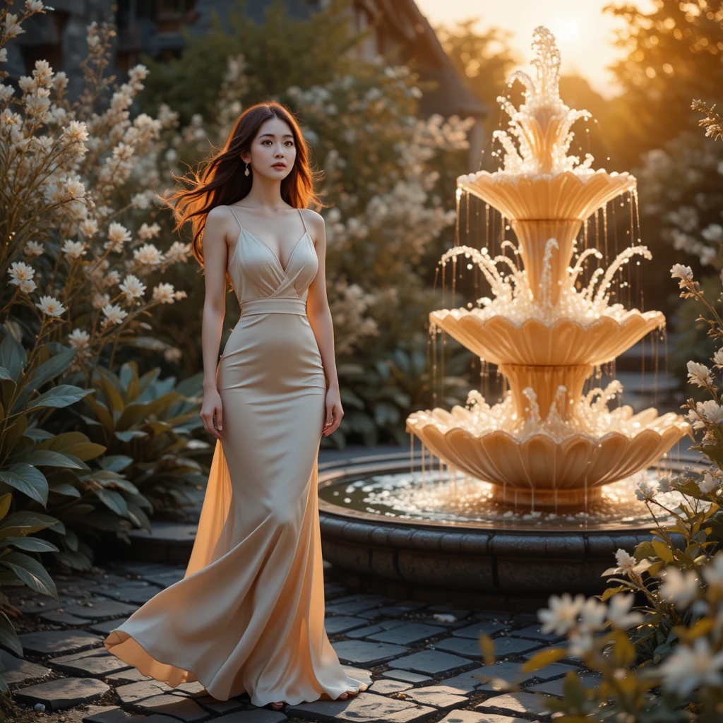 Koreanische Frau im champagnerfarbenen Slipkleid in surrealem Glasgarten