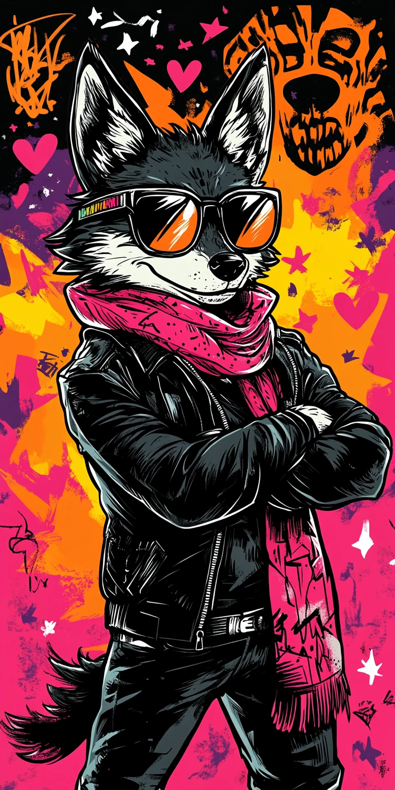 Cool coyote biker standing before neon graffiti wall