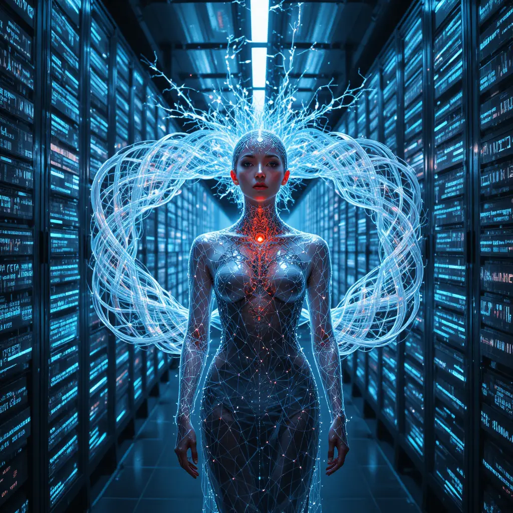 Núcleo cristalino de dados brilhando em um arquivo digital infinito