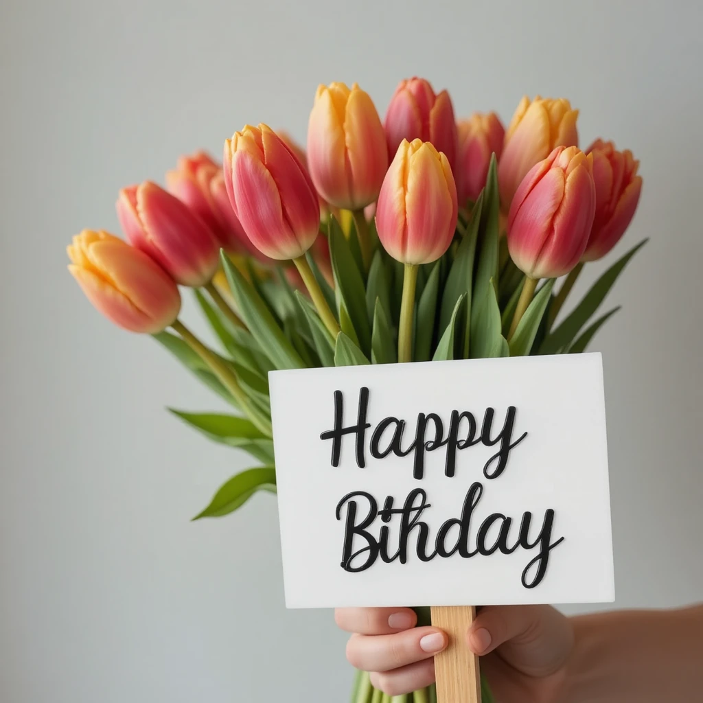 생일 축하 문구가 있는 알록달록한 튤립 꽃다발을 내미는 손