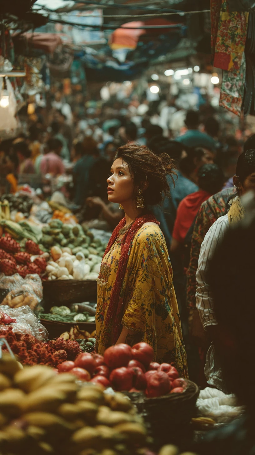 Woman choosing exotic fruit at a busy street market