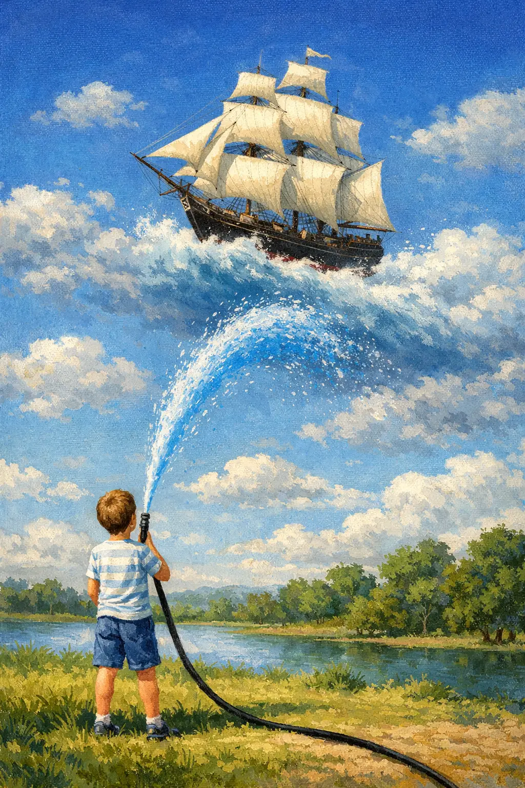 在天空中為漂浮帆船澆水的男孩