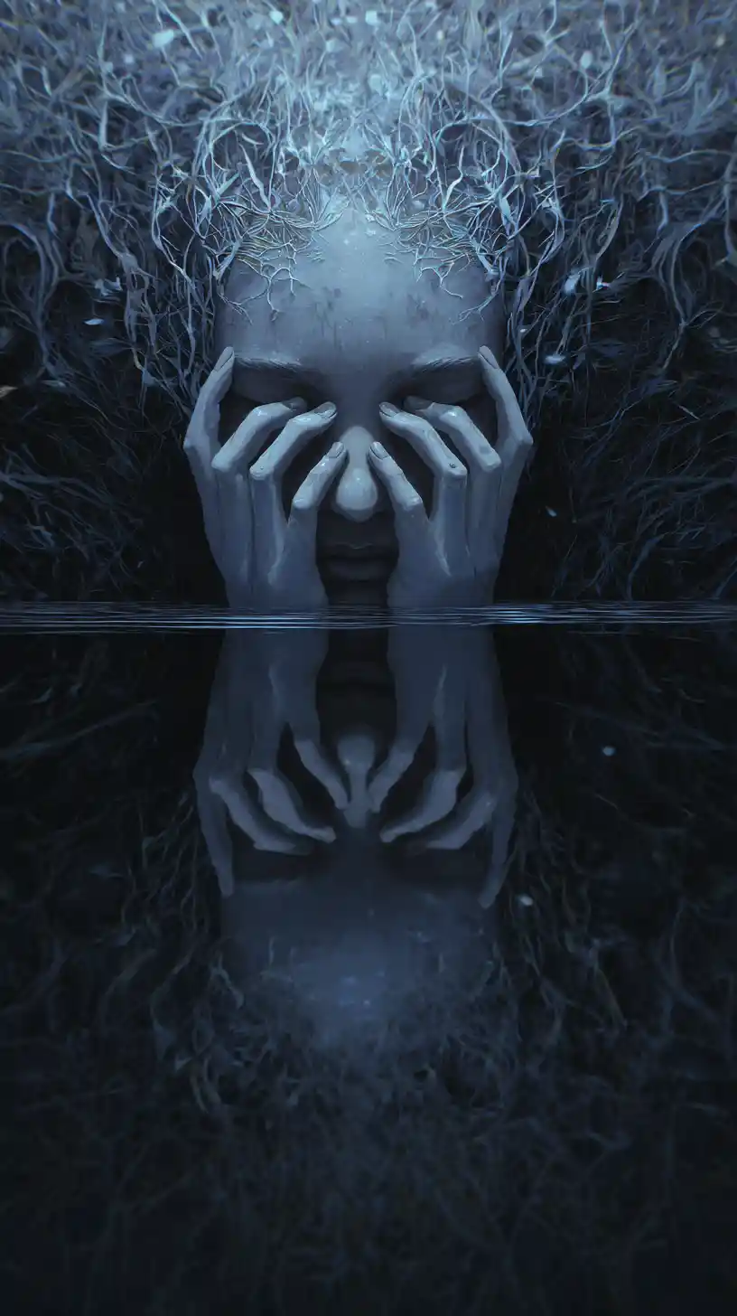 Person praying before a grimy bathroom mirror
