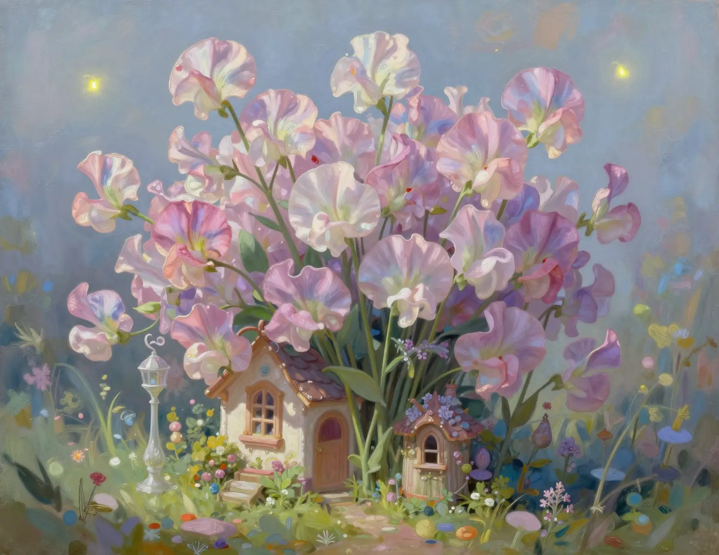 Sweet pea flower bouquet with whimsical miniature cottage