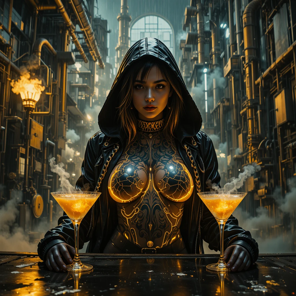 Noir portrait of hooded femme fatale in industrial rain