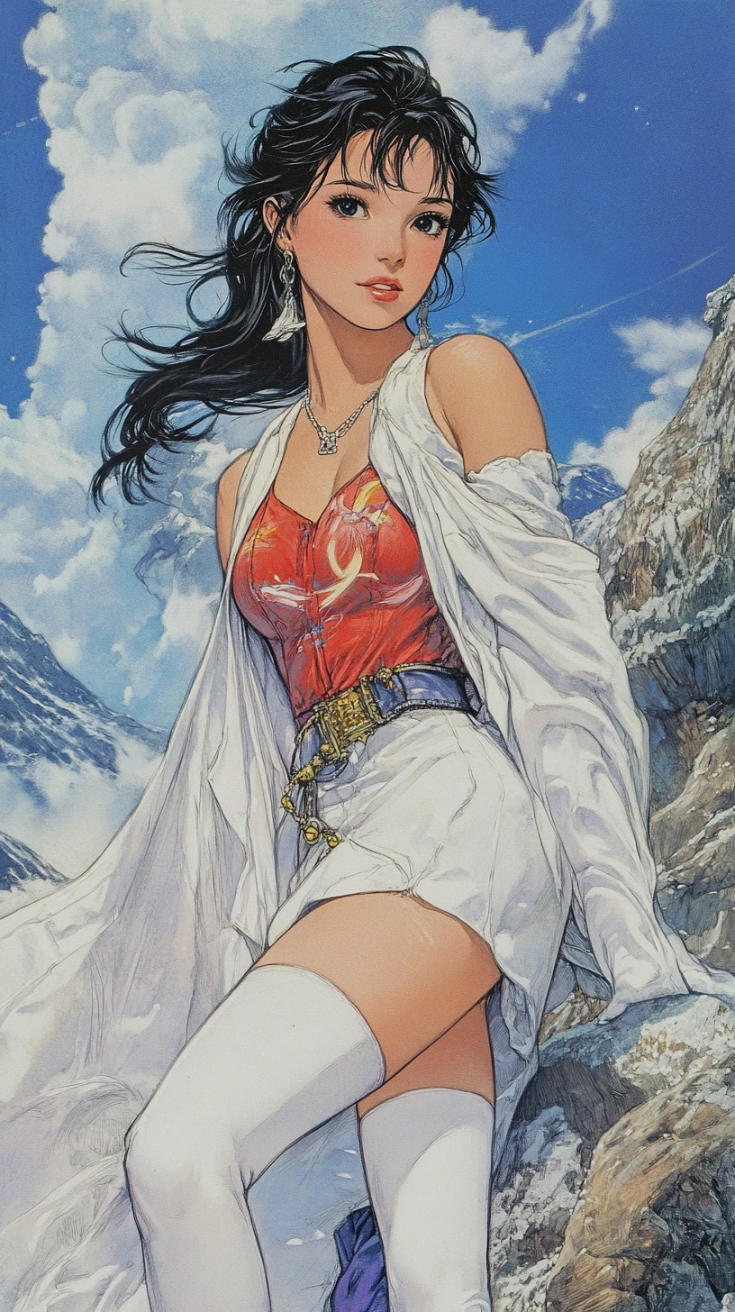 Cartoon girl on a rocky cliff under a bright blue sky