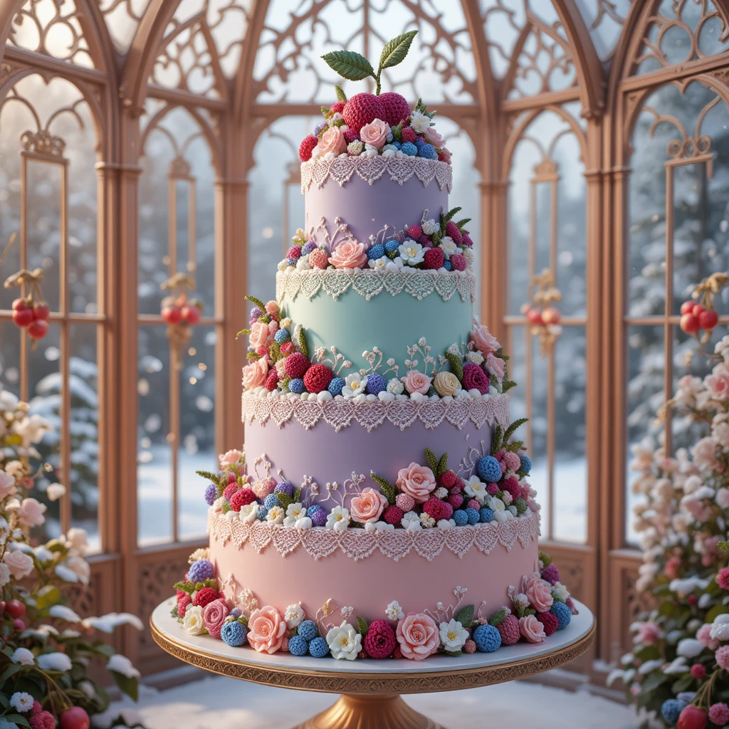 Elegant crochet fruit cake in a victorian glass greenhouse