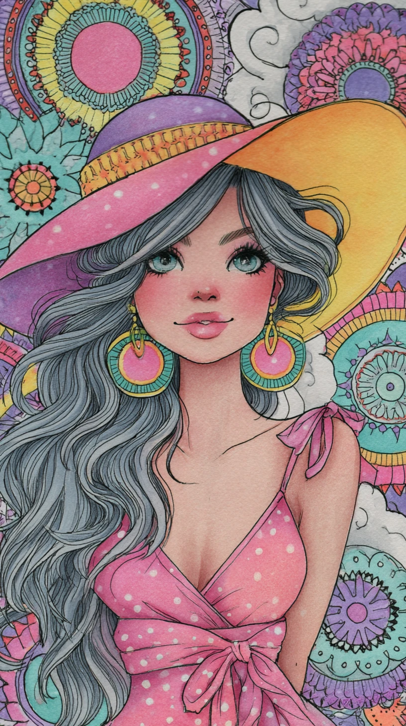 Retrato a lápiz colorido de una princesa tierna con sombrero