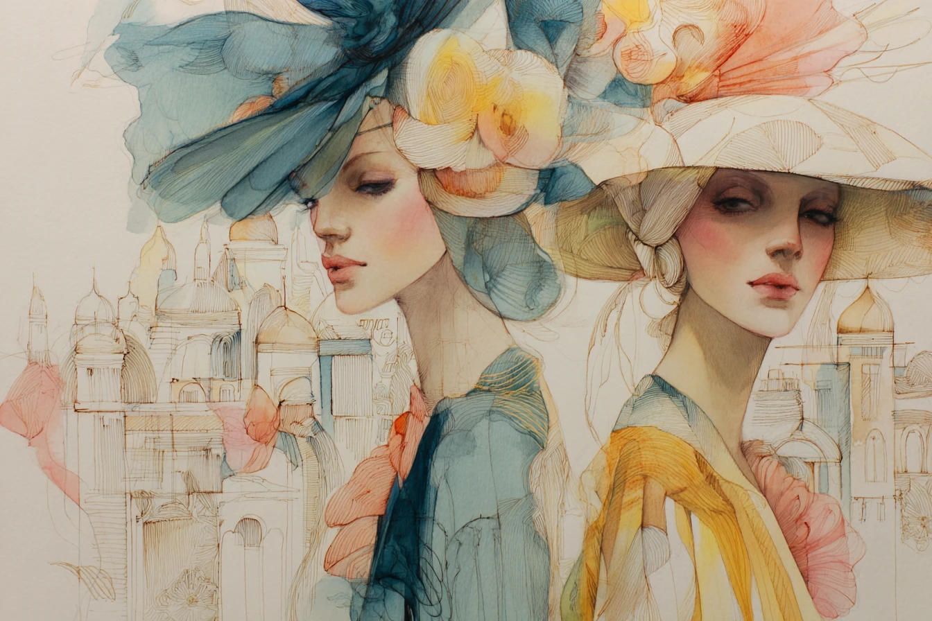 Elegant women in pastel watercolor with decorative hats