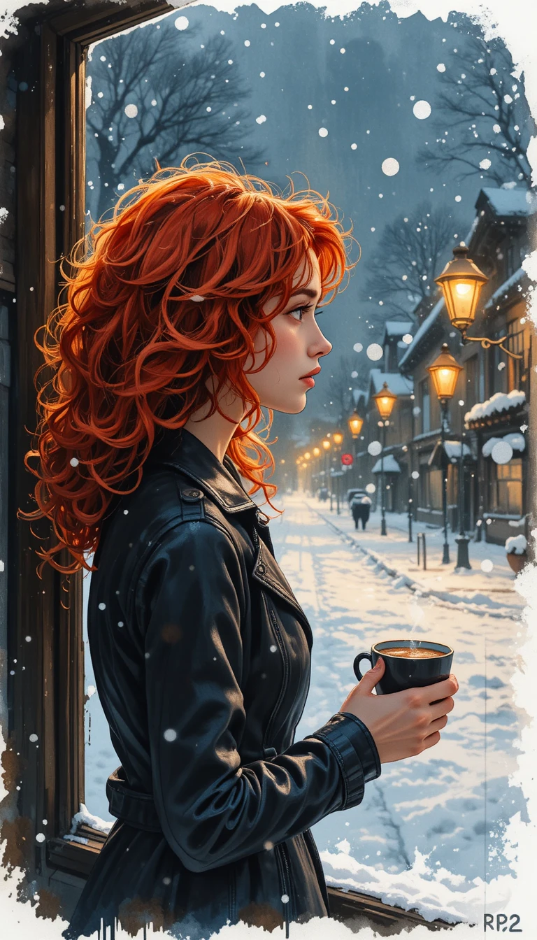 Ragazza dai capelli rossi che osserva una strada invernale innevata di notte