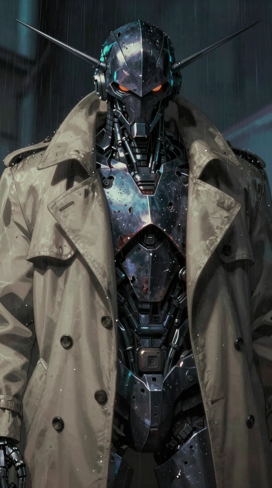 Cinematisches Close-up eines vernarbten humanoiden Roboters im Trenchcoat