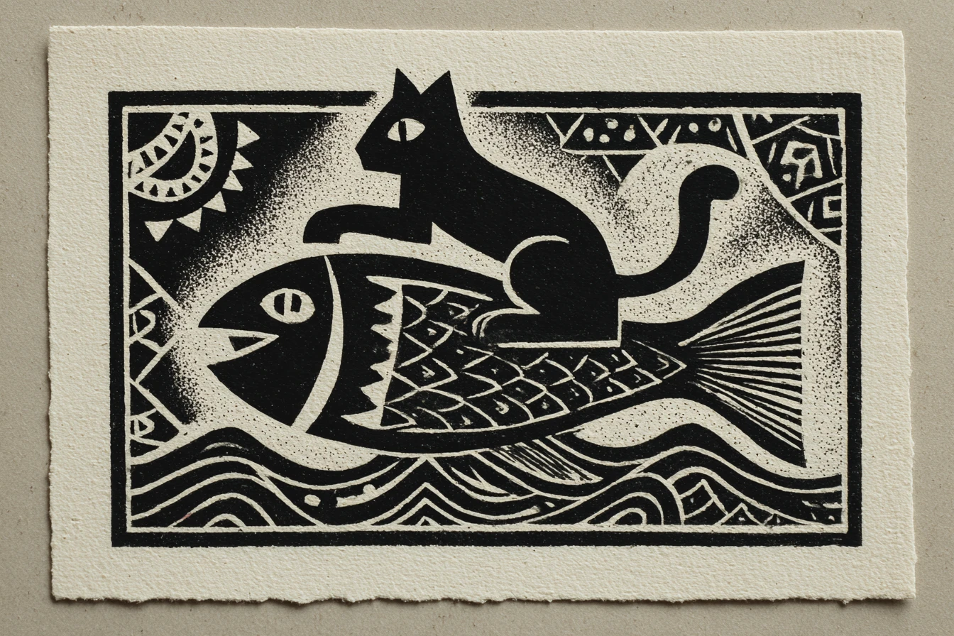 Gato minimalista em linogravura montado em um peixe em ondas geométricas