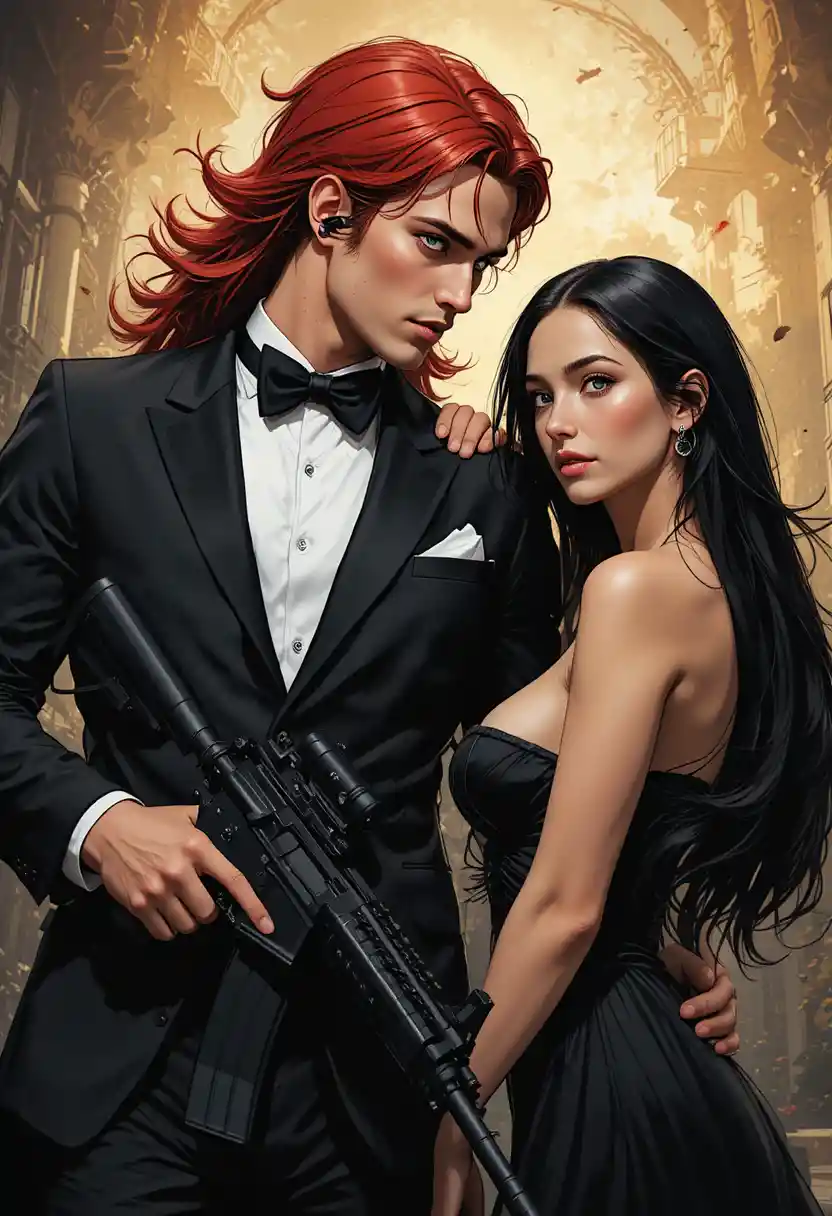 Red haired man with rifle shielding woman in comic style