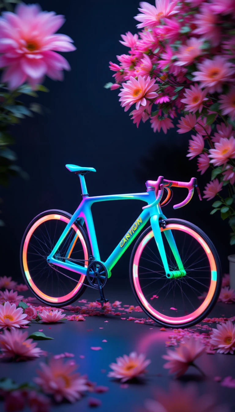 Bicicleta Canyon em neon sobre fundo escuro abstrato e luminoso