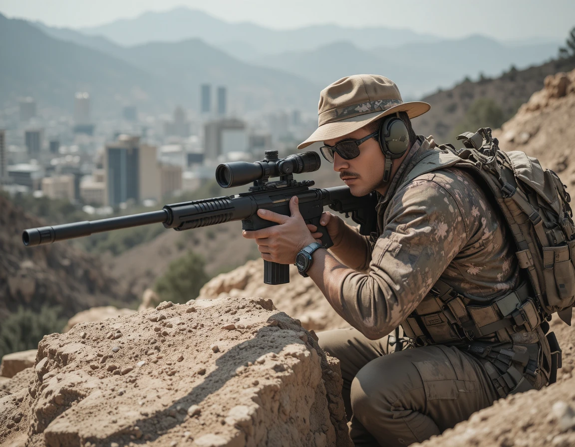 Atirador de elite camuflado mirando rifle em terreno rochoso de montanha