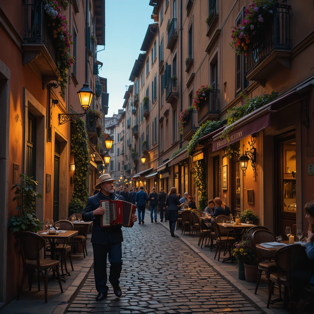 Beco romano romântico com trattorias e postes de luz ao anoitecer