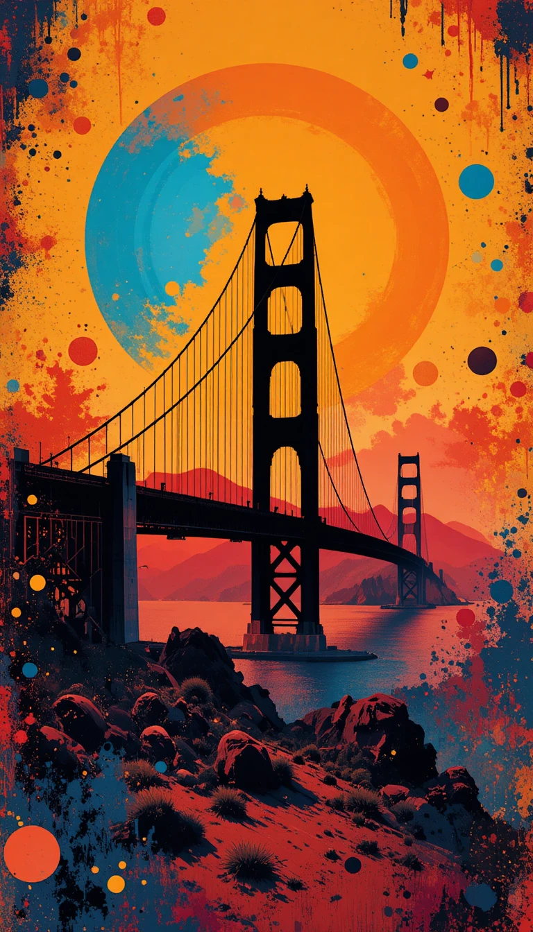 Silhueta da Ponte Golden Gate em design abstrato ousado e colorido