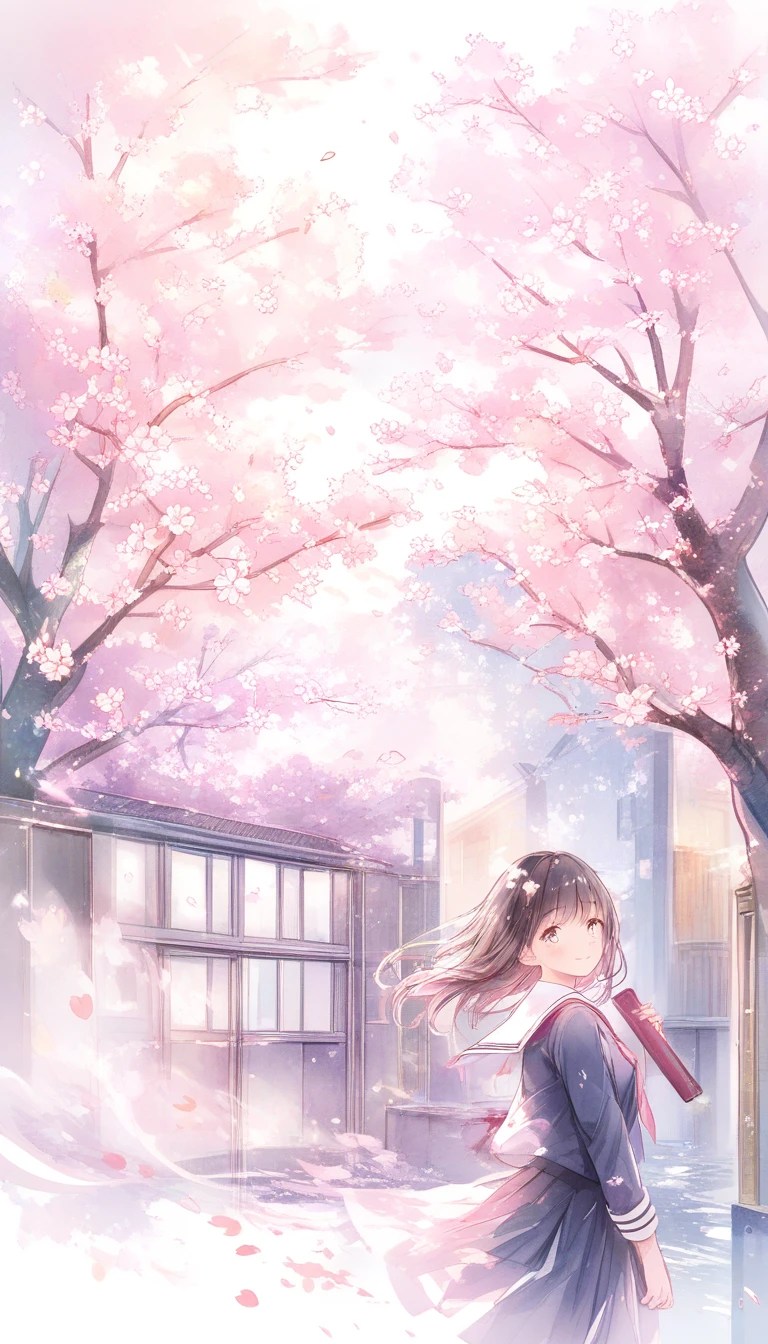 Studentessa delle superiori in stile anime che si diploma sotto i ciliegi in fiore