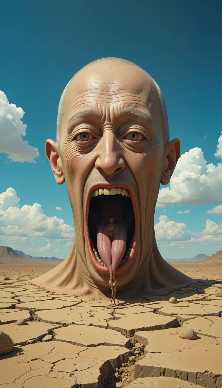 Surreal giant man swallowing a tiny figure in desert