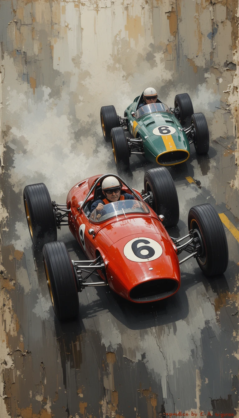 Carros de corrida de fórmula vintage acelerando em uma pista áspera