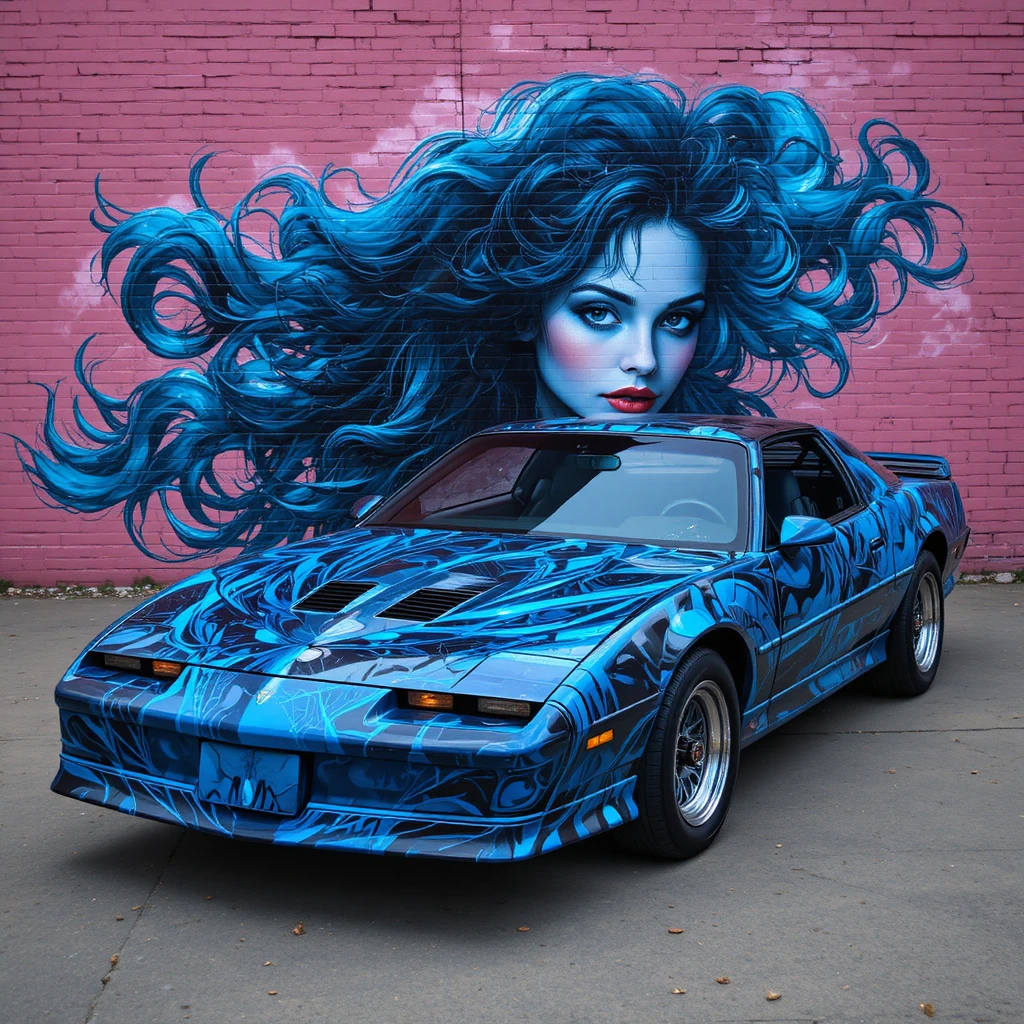 Mural de Pontiac Firebird com retrato azul fluido no capô