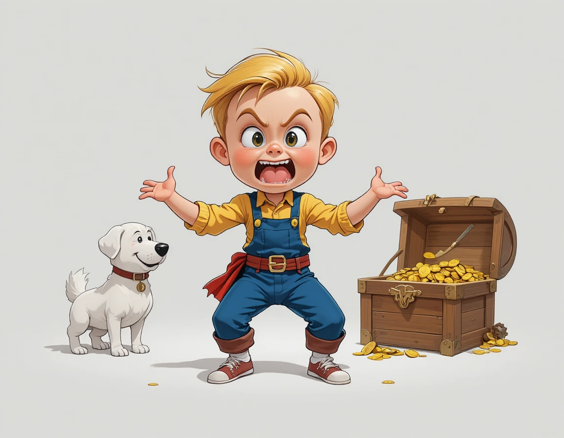 Menino loiro bravo gritando ao lado de um cachorro de desenho animado sorridente