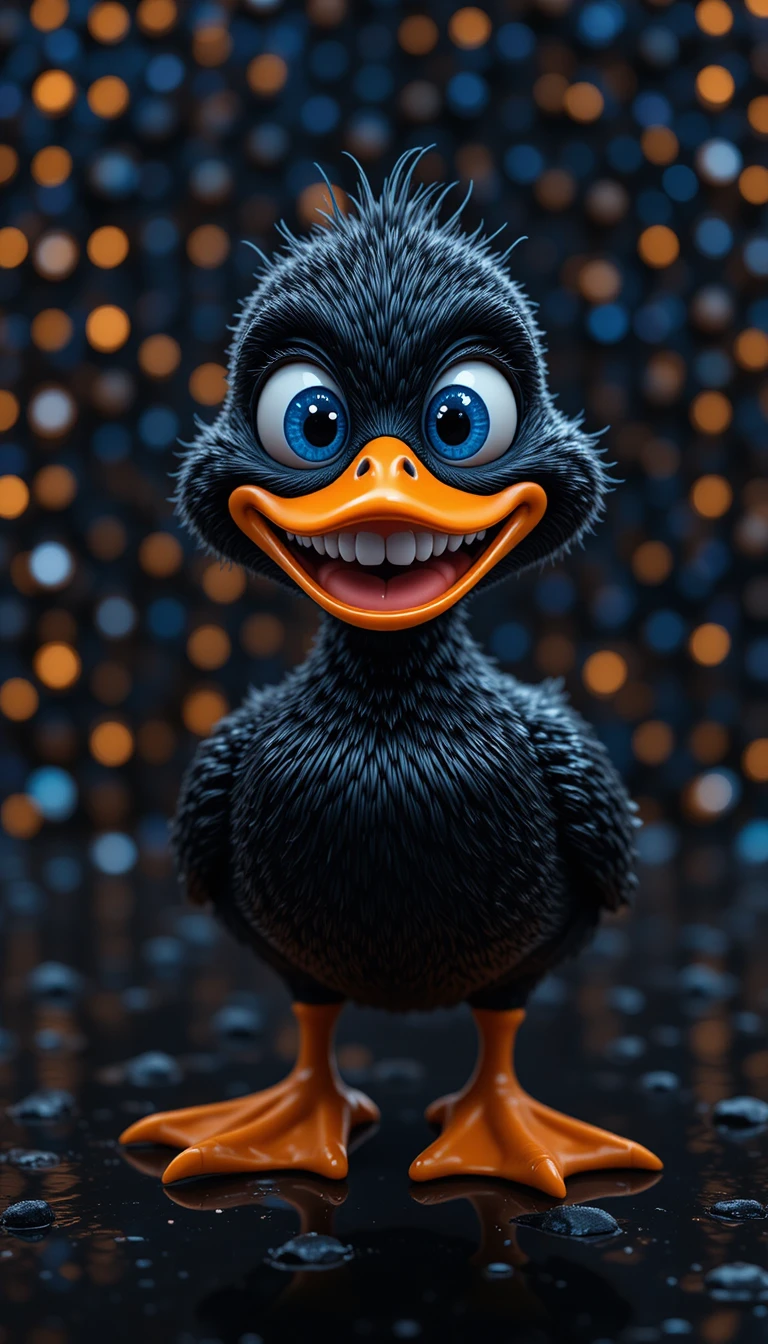Nahaufnahme eines CGI-Entchens mit leuchtend blauen Augen und breitem Grinsen