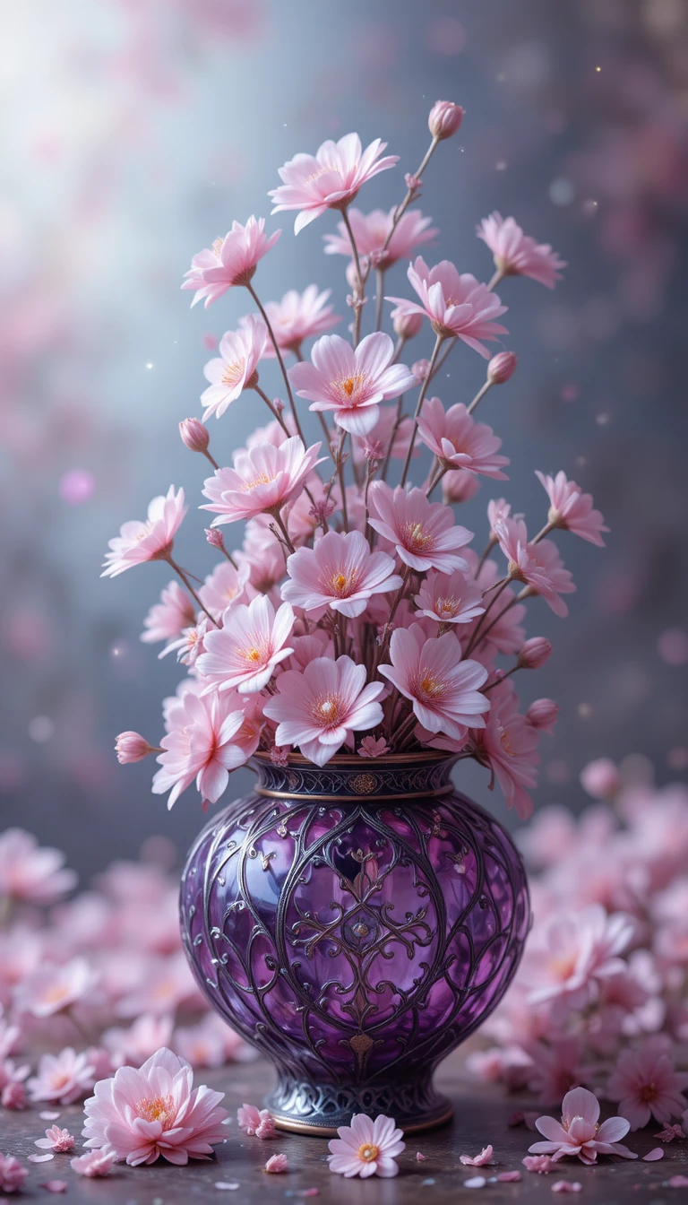 Prächtige violette Vase mit schwebenden rosa und weißen Blumen