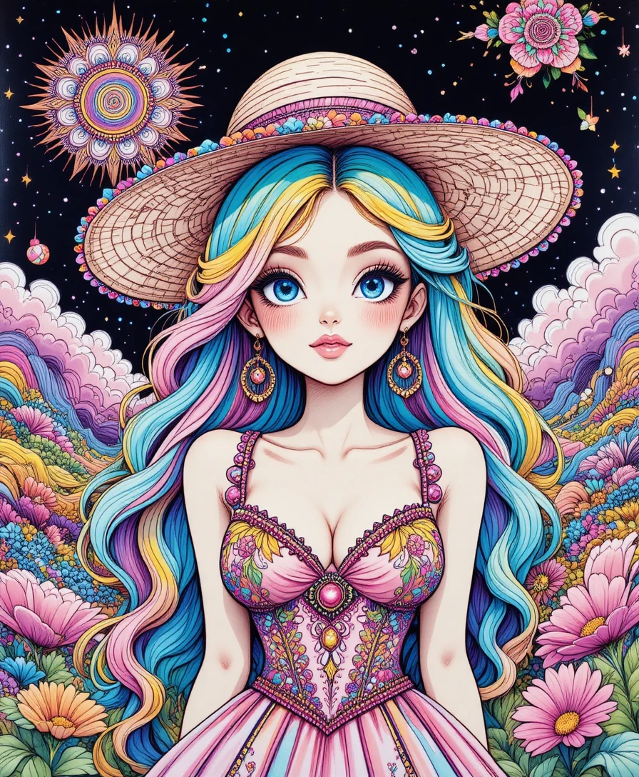 Rainbow haired princess in a joyful mandala dreamscape