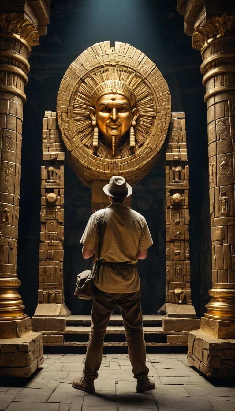 Adventurous woman studying golden idol in dark aztec cave