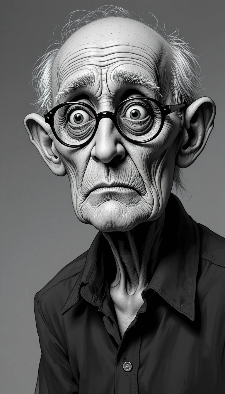 Retrato digital em preto e branco de um senhor com olhos grandes