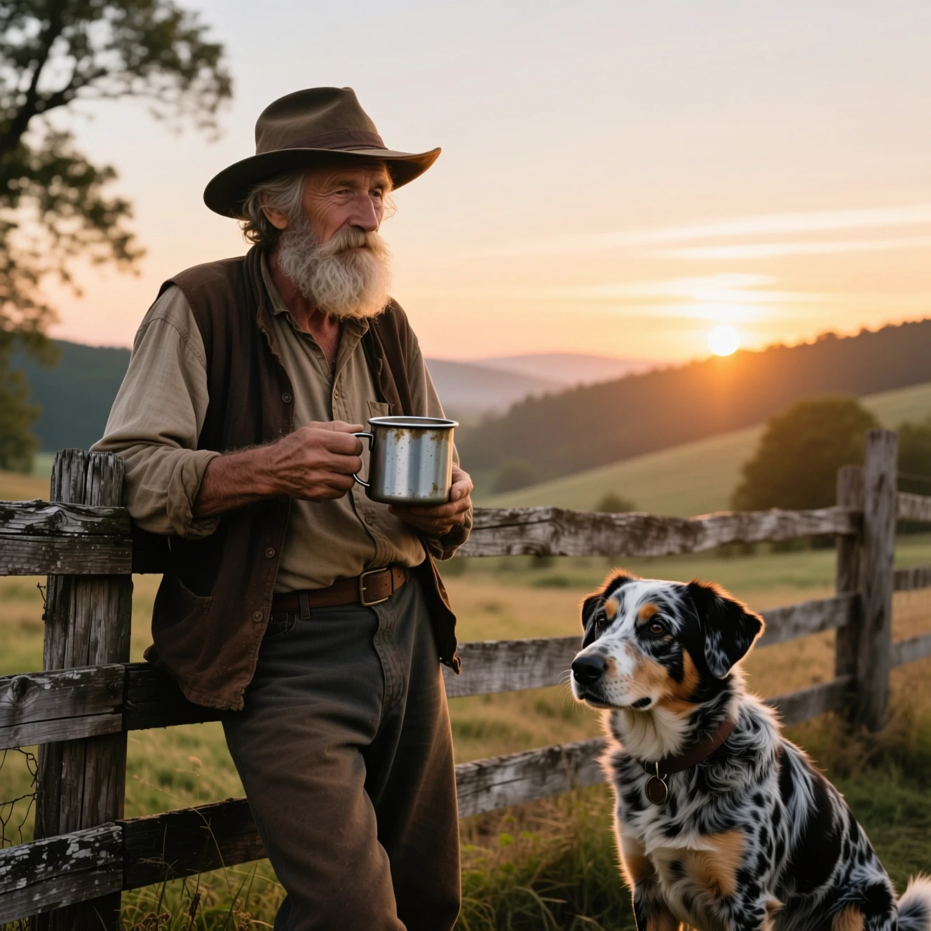 Senhor idoso com cão de gado junto à cerca ao nascer do sol
