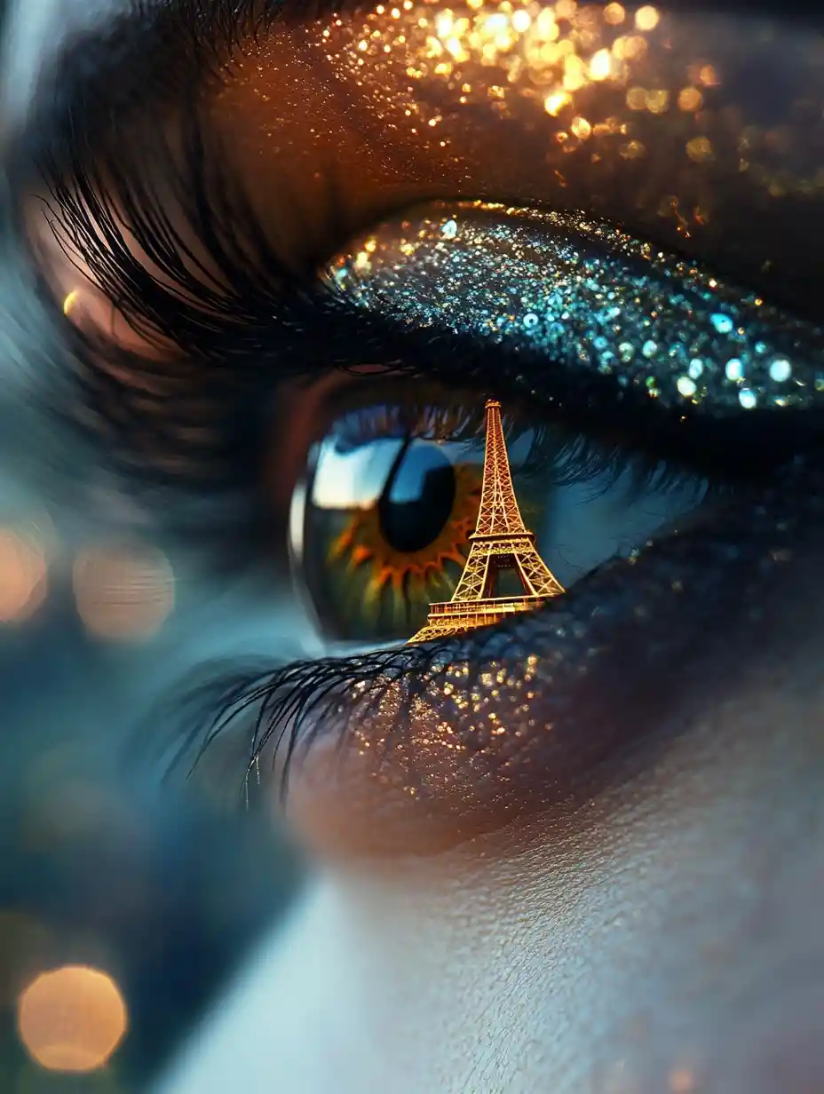 Macro close up of a womans eye with eiffel tower reflection
