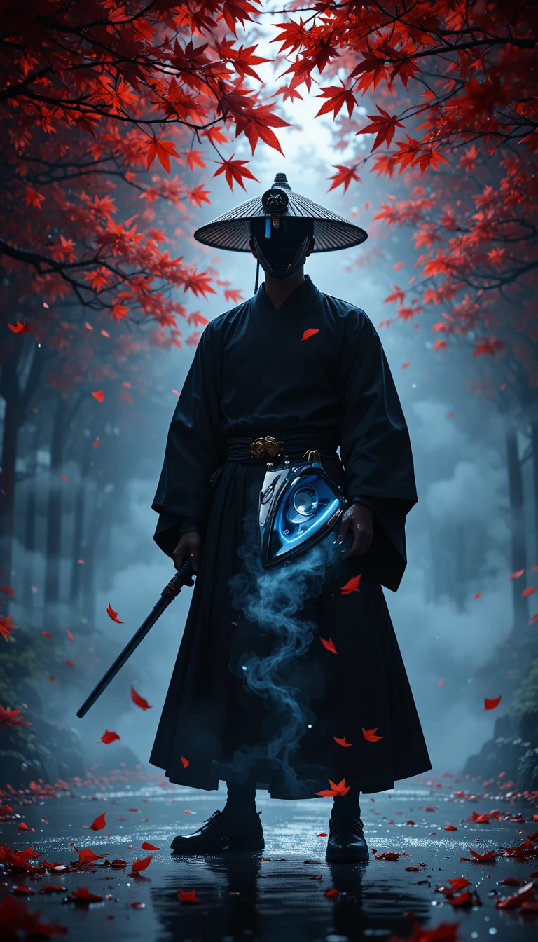 Samurai nell’ombra sotto foglie di acero scarlatte con ferro luminoso