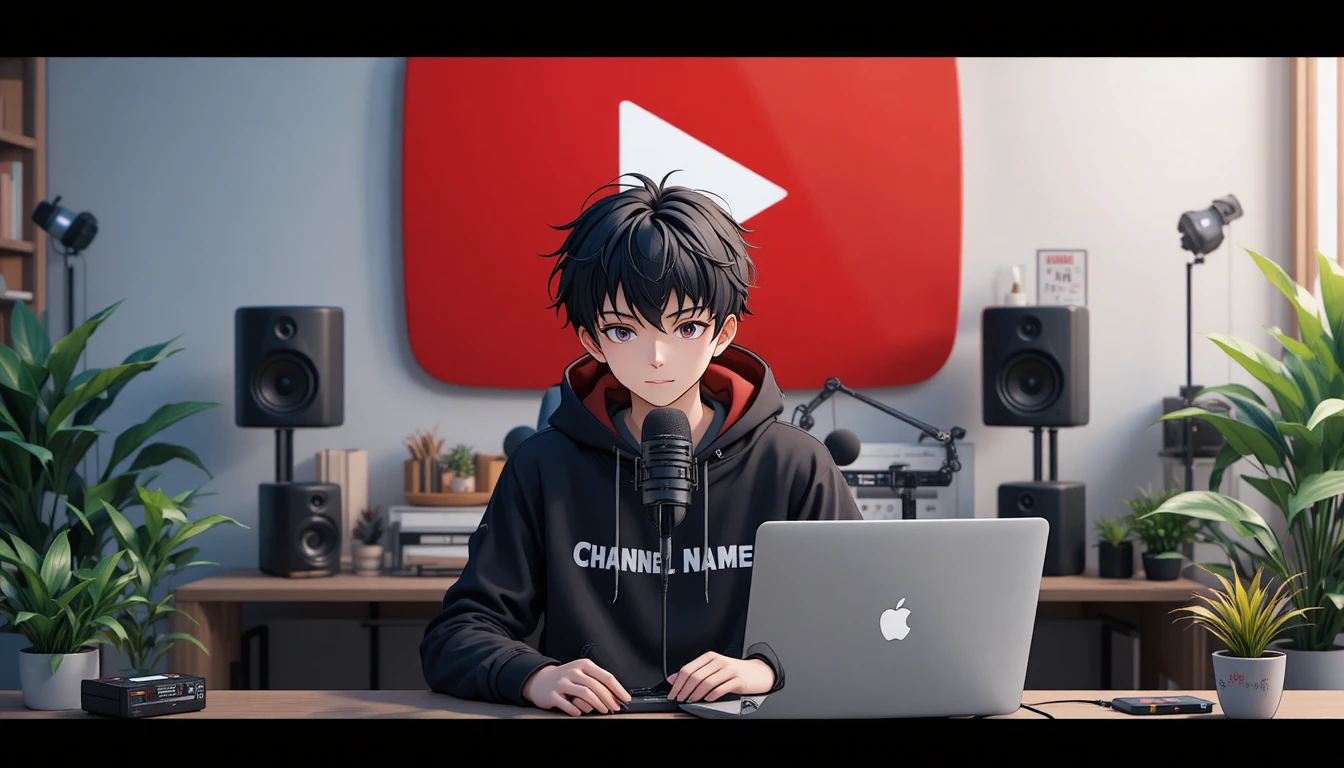 Garoto de anime fazendo stream em mesa de computador com microfone