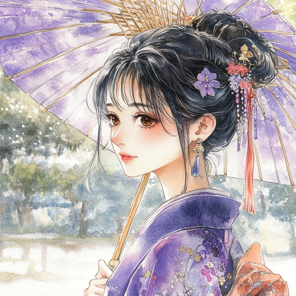 Donna anime in kimono che cammina con ombrellino in un giardino