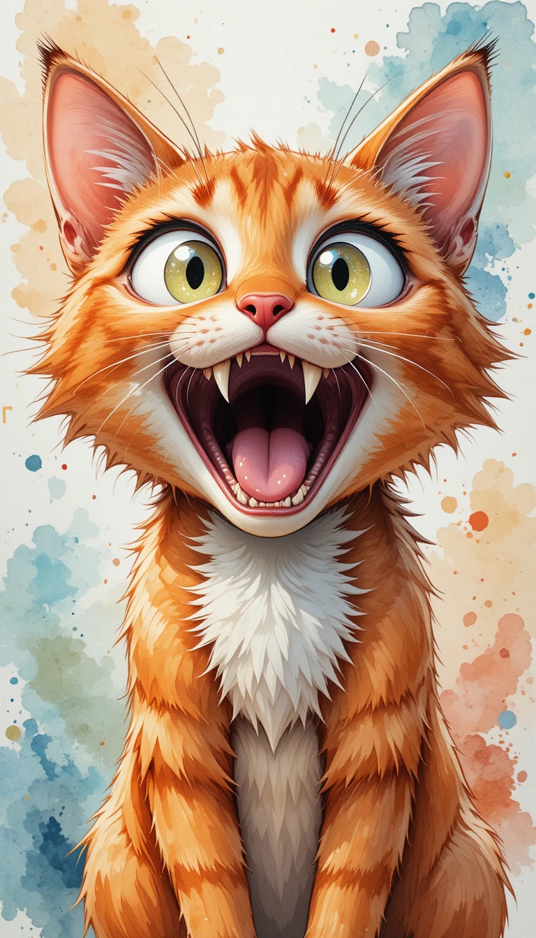 Aquarell-Cartoon von einer getigerten Katze mit großen Augen und Fangzähnen